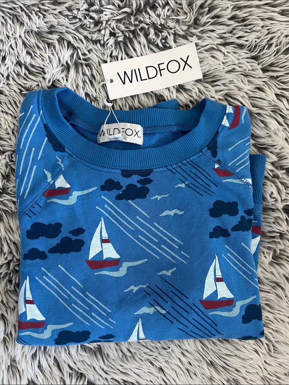 Wildfox Blue Sailboat Print Crewneck Sweater XS